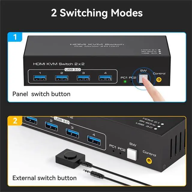 Alt view image 5 of 6 - Ennovor HDMI-Compatible KVM Switch 8K 60Hz 2 Port Dual 2 Monitors 2 Computers 4K 120Hz USB 3.0 KVM Switch KVM Switcher HDMI 2.1(UK Power Plug)