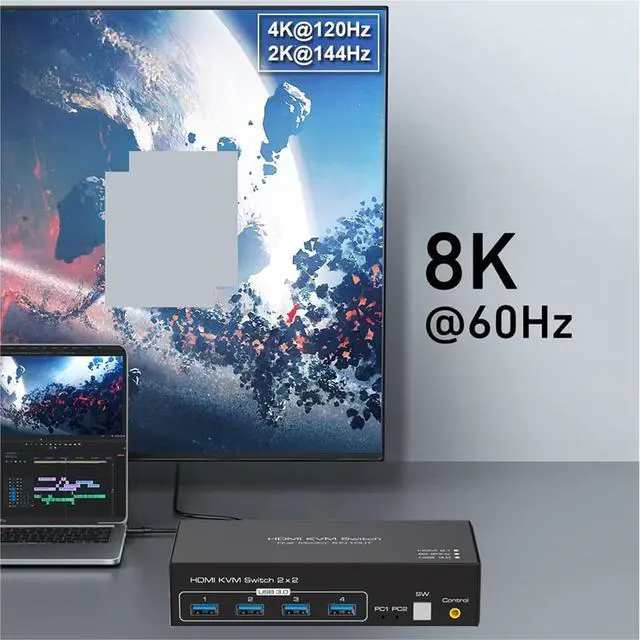 Alt view image 6 of 6 - Ennovor HDMI-Compatible KVM Switch 8K 60Hz 2 Port Dual 2 Monitors 2 Computers 4K 120Hz USB 3.0 KVM Switch KVM Switcher HDMI 2.1(UK Power Plug)