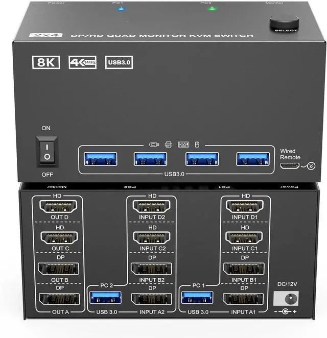 Alt view image 2 of 3 - Ennovor Triple/Four Monitor KVM Switch 8K 4K HDMI+DP USB 3.0 Switch Extended Display 3/4 Monitors 2 Computers KVM with USB3.0(AU,203HHD)