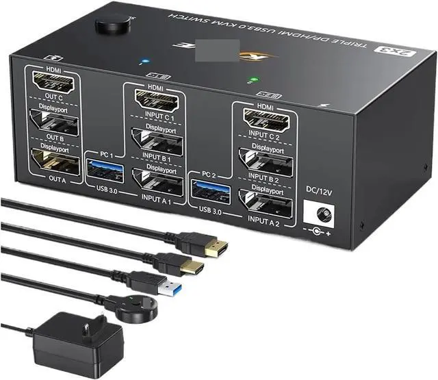 Main image of Ennovor Triple Monitors KVM Switch,2 Displayport + HD-MIUSB KVM Switch 8K@60Hz,4K@144Hz 3 Monitors 2 Computers KVM with 4 USB 3.0 Ports(UK Plug)