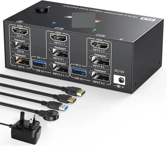 Alt view image 2 of 3 - Ennovor Triple Monitors KVM Switch,2 Displayport + HD-MIUSB KVM Switch 8K@60Hz,4K@144Hz 3 Monitors 2 Computers KVM with 4 USB 3.0 Ports(UK Plug)