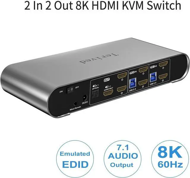 Alt view image 2 of 7 - Ennovor 2 Computers 2 HDMI Monitor Automatic KVM Switch 8K@60Hz, Hotkey Switching, EDID, Support 5.1/7.1 Audio and Microphone, Aluminum Shell with Digital Display, USB 3.0 Hub, HDR10 with Cables