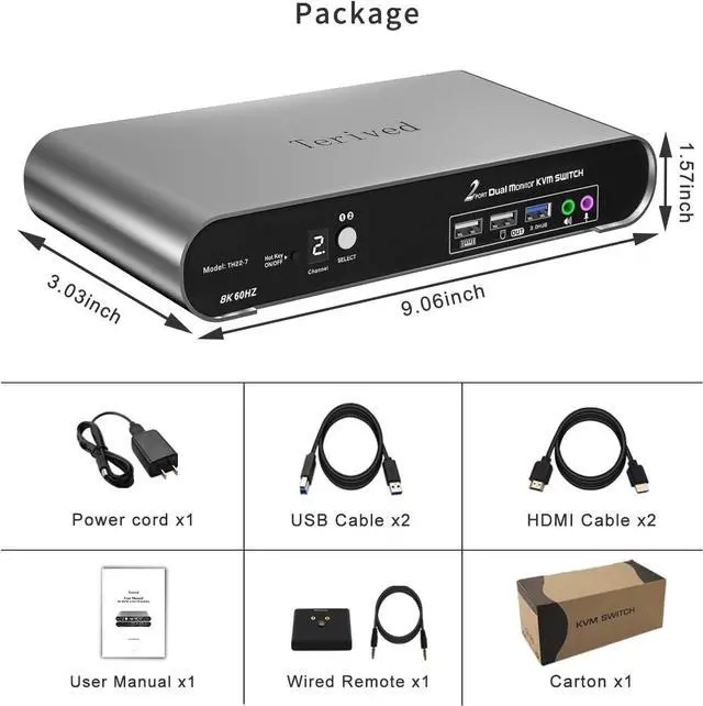 Alt view image 6 of 7 - Ennovor 2 Computers 2 HDMI Monitor Automatic KVM Switch 8K@60Hz, Hotkey Switching, EDID, Support 5.1/7.1 Audio and Microphone, Aluminum Shell with Digital Display, USB 3.0 Hub, HDR10 with Cables