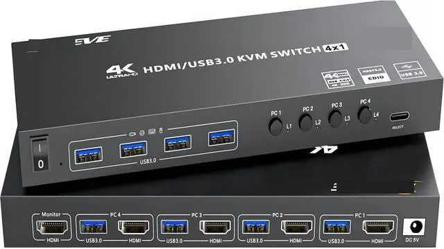 Alt view image 2 of 3 - Ennovor HDMI KVM Switch 4 Computers 4K@60Hz Simulation,4 Port USB3.0 KVM Switches for 4 PC Share 1 Monitor Keyboard Mouse Printer(with US Plug)