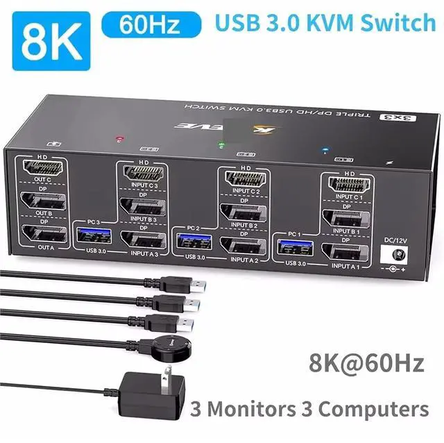 Alt view image 2 of 7 - Ennovor KVM Switch 3 Monitors 3 Computers 8K@60Hz 4K@144Hz, HDMI+2 Displayport KVM Switch Triple Monitor for 3 Computer Share 3 Monitor(US Plug)