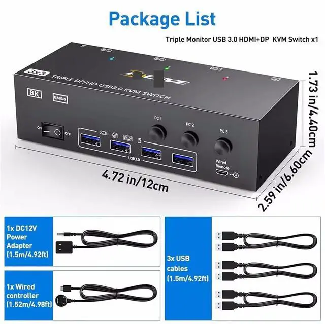 Alt view image 7 of 7 - Ennovor KVM Switch 3 Monitors 3 Computers 8K@60Hz 4K@144Hz, HDMI+2 Displayport KVM Switch Triple Monitor for 3 Computer Share 3 Monitor(US Plug)