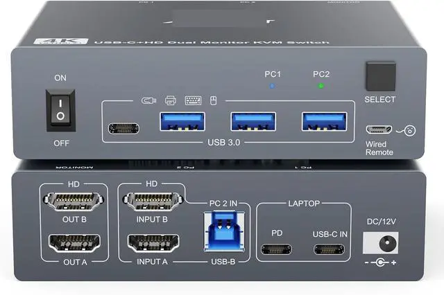 Main image of Ennovor 4K KVM Switch 2 Monitors 2 Computers USB C HDMI,Dual Monitor USB 3.0 Typc C KVM Switcher for 2 PC Share Keyboard Mouse Monitor(US Power Adapter)