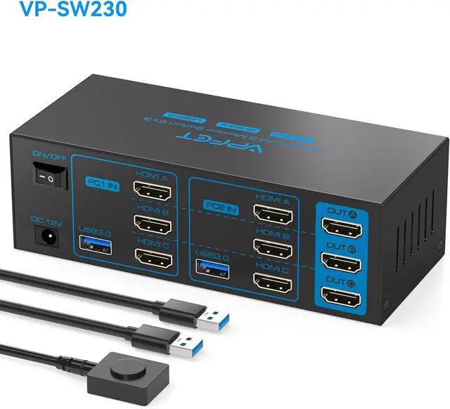 Alt view image 3 of 6 - Ennovor Ethernet Splitter 1 to 2 1000Mbps/KVM Switch 3 Monitors 2 Computers HDMI 4K60Hz USB3.0 KVM Switch 2 Ports with 4 USB Ports for 2 Computers Sharing Triple Monitor and One Gigabit Ethernet Port