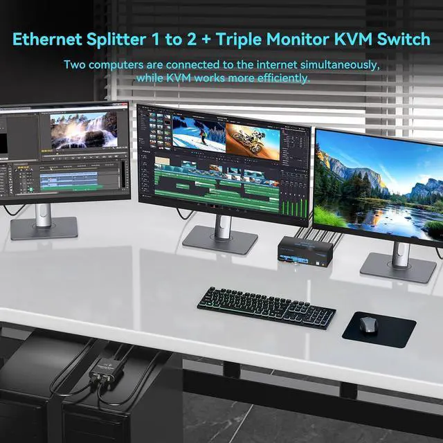 Alt view image 6 of 6 - Ennovor Ethernet Splitter 1 to 2 1000Mbps/KVM Switch 3 Monitors 2 Computers HDMI 4K60Hz USB3.0 KVM Switch 2 Ports with 4 USB Ports for 2 Computers Sharing Triple Monitor and One Gigabit Ethernet Port