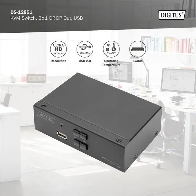 Alt view image 4 of 7 - Ennovor DIGITUS Displayport KVM Switch - 2-Port Single Display - 2 PC 1 Monitor - 1x Mouse, Keyboard & Audio for 2 Computers - UHD 4K@60Hz (4096 x 2160p) - Hot Key Switch - 1x USB 2.0 Hub - Black