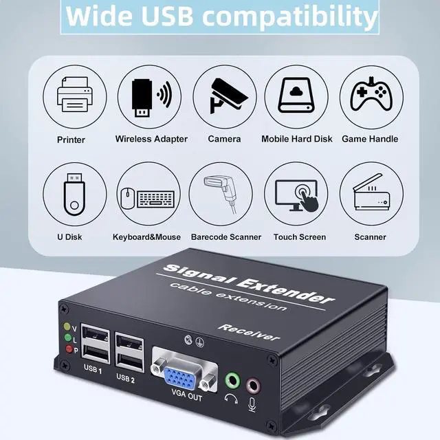Alt view image 4 of 7 - Ennovor VGA KVM Extender Over Cat5e/6/7 [394FT/120M] | 4 USB2.0 Ports for Printer/Mouse/Webcam | 1080p@60Hz Zero Delay | IR/RS232/Audio Control | Plug & Play