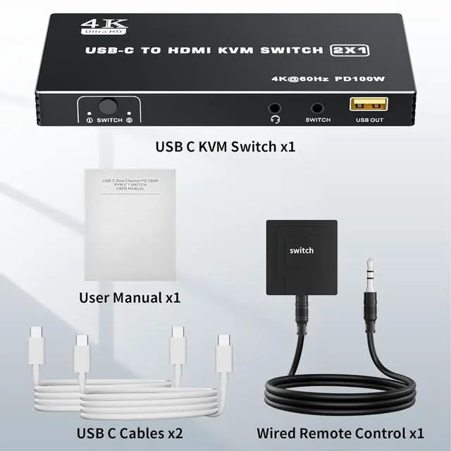 Alt view image 7 of 7 - Ennovor BolAAzuL USB C to HDMI KVM Switch 4K 60Hz, Type-C KVM Switch HDMI for 2 Computers Share 1 HDMI Monitor, 1 Set of Mouse&Keyboard - 2 USB Video Cables Included