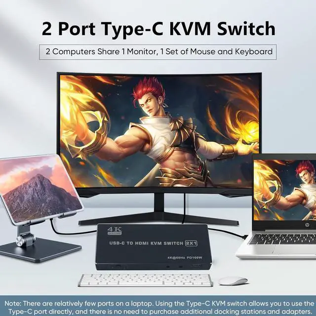 Alt view image 4 of 7 - Ennovor BolAAzuL USB C to HDMI KVM Switch 4K 60Hz, Type-C KVM Switch HDMI for 2 Computers Share 1 HDMI Monitor, 1 Set of Mouse&Keyboard - 2 USB Video Cables Included