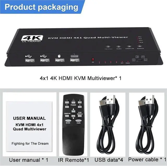 Alt view image 2 of 2 - Ennovor 4 Port HDMI Quad Multi-Viewer with KVM Switch 4x1 HDMI KVM Multiviewer Seamless Switch Support Keyboard Mouse for PC Camera Game