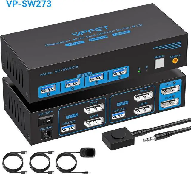 Alt view image 3 of 6 - Ennovor Ethernet Splitter 1 to 2 1000Mbps/4K@144Hz Displayport KVM Switch 2 Monitors 2 Computers USB3.0 Dual Monitor KVM Switches for 2 PC Sharing One Gigabit Ethernet Port and 4 USB 3.0 Devices