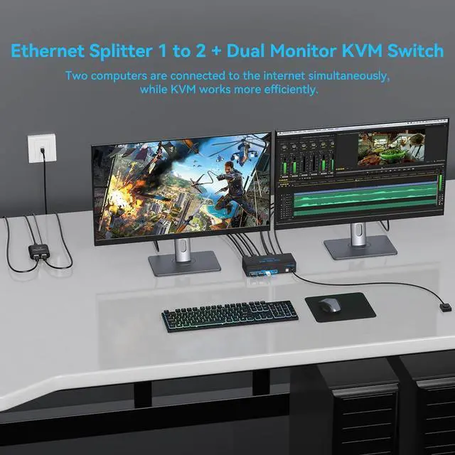 Alt view image 6 of 6 - Ennovor Ethernet Splitter 1 to 2 1000Mbps/4K@144Hz Displayport KVM Switch 2 Monitors 2 Computers USB3.0 Dual Monitor KVM Switches for 2 PC Sharing One Gigabit Ethernet Port and 4 USB 3.0 Devices