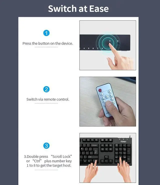 Alt view image 3 of 7 - Ennovor S 8 in 1 Out HDMI KVM Switch Sharing Monitor/Keyboard//Printer Among 8 Hosts/ 4K@30Hz/dio&Video Sync Output Black
