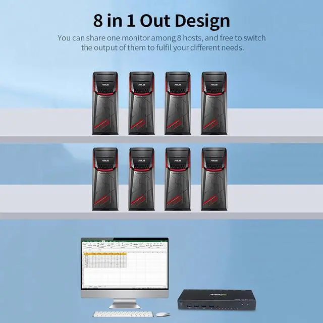 Alt view image 5 of 7 - Ennovor S 8 in 1 Out HDMI KVM Switch Sharing Monitor/Keyboard//Printer Among 8 Hosts/ 4K@30Hz/dio&Video Sync Output Black