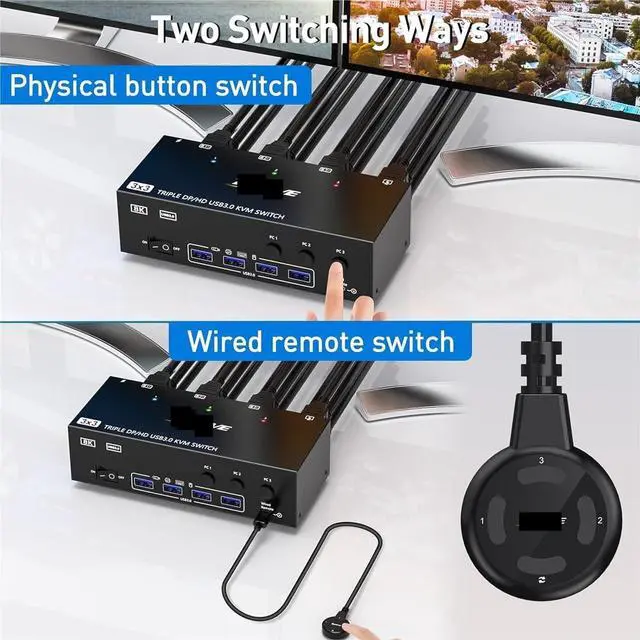 Alt view image 3 of 5 - 2 HDMI USB 3.0 KVM Switch 3 Monitors 3 Computers, Triple Monitor KVM with 4 USB 3.0 Ports Keyboard Mouse Switcher(303DH US)