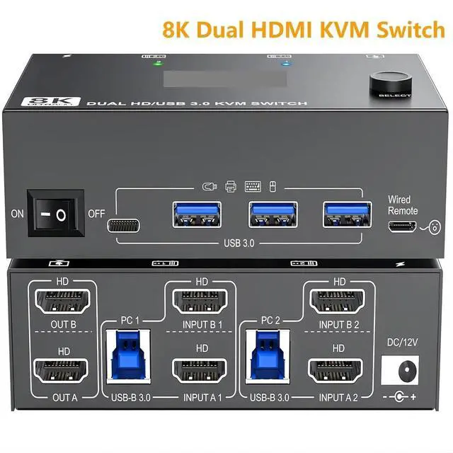 Alt view image 2 of 6 - 8K HDMI KVM Switch 2 Monitors 2 Computers 8K@60Hz 4K@144Hz,Dual Monitor KVM Switch with 4 USB 3.0 Hub for Keyboard Mouse Printer(AU Plug Adapter)