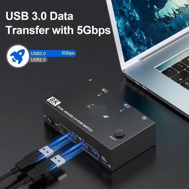 Alt view image 6 of 6 - 8K HDMI KVM Switch 2 Monitors 2 Computers 8K@60Hz 4K@144Hz,Dual Monitor KVM Switch with 4 USB 3.0 Hub for Keyboard Mouse Printer(AU Plug Adapter)