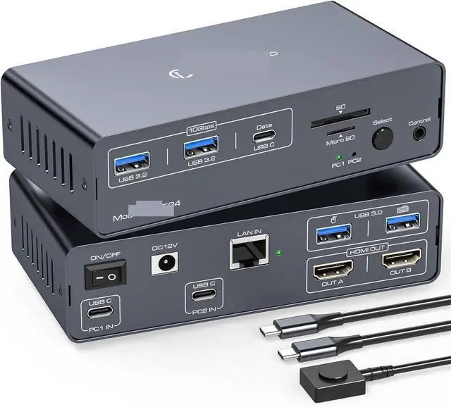 Alt view image 2 of 5 - Ennovor 8K USB-C Thunderbolt KVM Switch 4K120Hz 2 Laptops 2 Monitor Type C 12 in 1 Docking Station 10Gbps USB for Macbo*ok 2PC SD/m*icroSD(SW524 2HD Output)