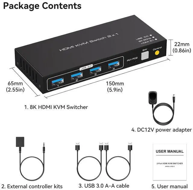 Alt view image 4 of 7 - Ennovor 8K HDMI KVM USB Switch 1 Monitors 2 Computers DC 12V 1A HDMI KVM Switcher with External Switch Kit