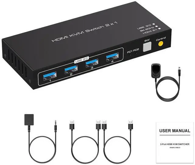 Main image of Ennovor 8K HDMI KVM USB Switch 1 Monitors 2 Computers DC 12V 1A HDMI KVM Switcher with External Switch Kit