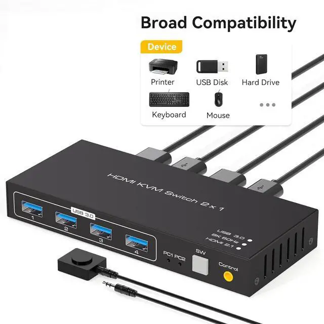 Alt view image 2 of 7 - Ennovor 8K HDMI KVM USB Switch 1 Monitors 2 Computers DC 12V 1A HDMI KVM Switcher with External Switch Kit