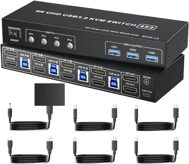 Main image of Ennovor 4K@60Hz USB 3.0 HDMI Displayport KVM Switcher HDMI 2.0 DP Extended Display Switch for 4 Computers Share 2 Monitors(EU Power Plug)