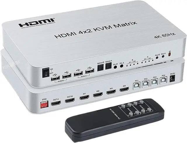 Main image of Ennovor 4 Port USB HDMI KVM Matrix 4x2 Dual Monitor 4K 60Hz HDMI Matrix Switch Splitter Audio Video Converter Support USB Keyboard Mouse(EU Plug)