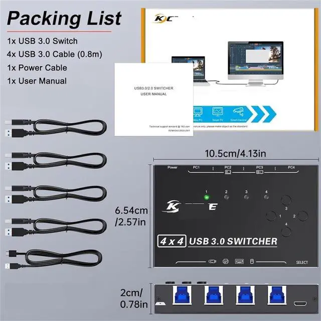 Alt view image 4 of 4 - Ennovor KCE*VE KC-KM434B 4x4 USB 3.0 Switch 4-in-4-out Sharing Switch USB Switch Selector 4 Computer Sharing 4 USB Devices KVM Switcher