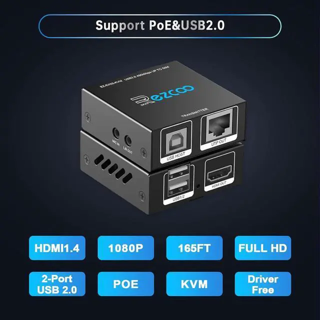 Alt view image 4 of 6 - Ennovor KVM Extender USB HDMI to RJ45 Over Cat5e/6/7 1080P@60Hz up to 150ft/50M, HDMI Over Ethernet Transmitter Receiver Support Keyboard Mouse 2 Ports USB2.0 Hub POE Stereo Audio and Microphone