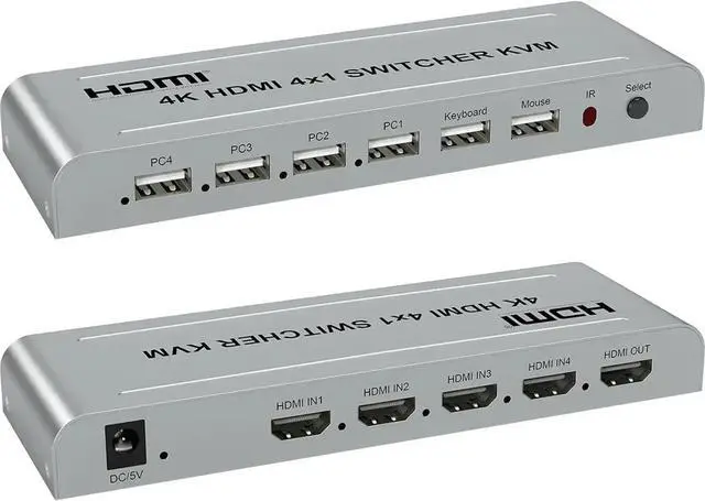 Alt view image 2 of 3 - Ennovor 4K 4x1 HDMI KVM Switcher 4 in 1 Out Audio Video Converter for USB Keyboard Mouse Control 4 Laptop PC, Computer to TV Projector(with EU Plug)