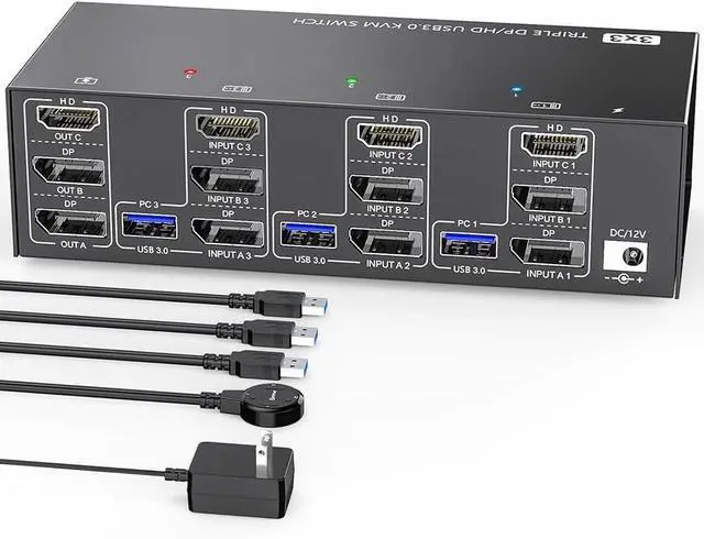 Main image of Ennovor KVM303DH Switcher HDMI-Compatible KVM 3 in 3 Out 8K@60Hz, 4K@144Hz Tle Monitor USB 3.0 HDMI-Compatible+DP Switcher for Keyboard, U-Disk and Printer Compatible with Linux, Windows,