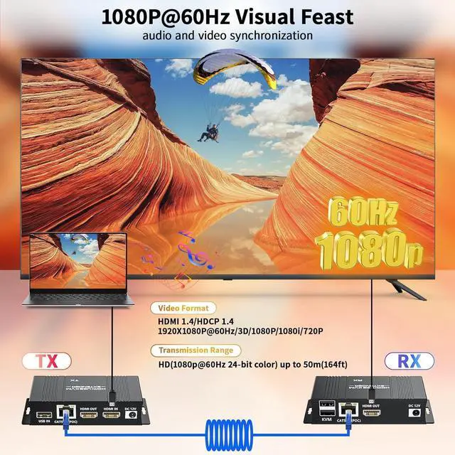 Alt view image 2 of 7 - Ennovor HDMI USB KVM Extender Kit, BolAAzuL 60M HDMI KVM USB Extender 1080P Over RJ45 Cat5e/6 Network Cable with Loopout & POC, Lossless Trans Flexible Distance