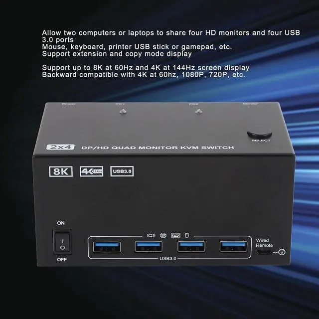 Alt view image 2 of 7 - Ennovor USB Switch Selector, 2 Computers Sharing USB 3.0 Devices Peripheral Switcher Box Hub, 8K 60Hz 4 Monitors for Printer, Scanner, Keyboard (US Plug)