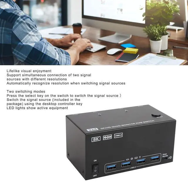 Alt view image 4 of 7 - Ennovor USB Switch Selector, 2 Computers Sharing USB 3.0 Devices Peripheral Switcher Box Hub, 8K 60Hz 4 Monitors for Printer, Scanner, Keyboard (US Plug)