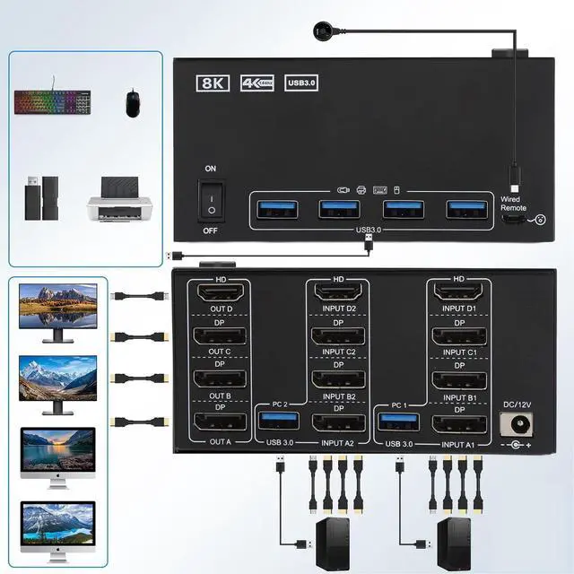 Alt view image 3 of 7 - Ennovor USB Switch Selector, 2 Computers Sharing USB 3.0 Devices Peripheral Switcher Box Hub, 8K 60Hz 4 Monitors for Printer, Scanner, Keyboard (US Plug)