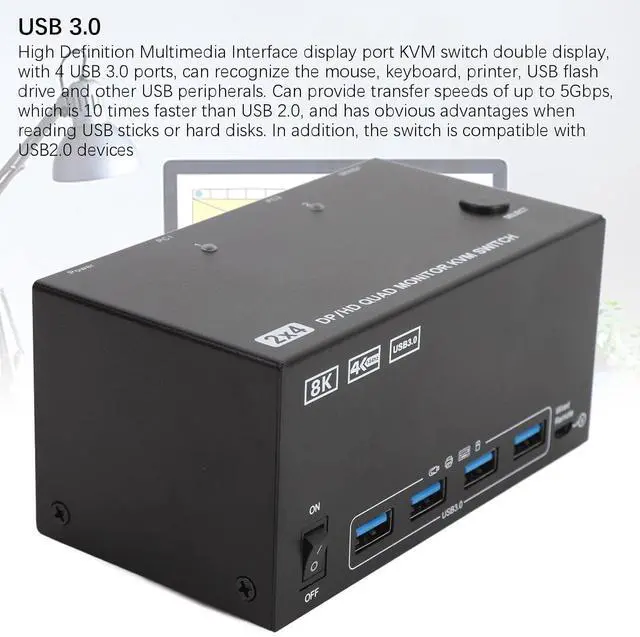 Alt view image 6 of 7 - Ennovor USB Switch Selector, 2 Computers Sharing USB 3.0 Devices Peripheral Switcher Box Hub, 8K 60Hz 4 Monitors for Printer, Scanner, Keyboard (US Plug)
