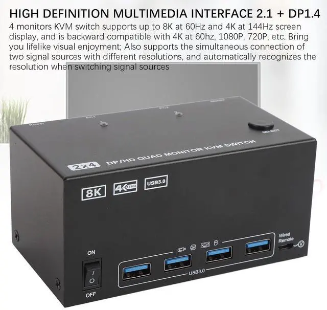 Alt view image 7 of 7 - Ennovor USB Switch Selector, 2 Computers Sharing USB 3.0 Devices Peripheral Switcher Box Hub, 8K 60Hz 4 Monitors for Printer, Scanner, Keyboard (US Plug)
