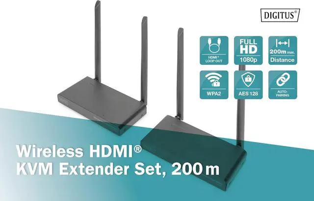 Alt view image 4 of 7 - Ennovor DIGITUS DS-55321 Wireless HDMI KVM Extender - Full HD 1080p 60Hz - 200m range - Set: Transmitter & Receiver - Loop-Out, IR Infrared