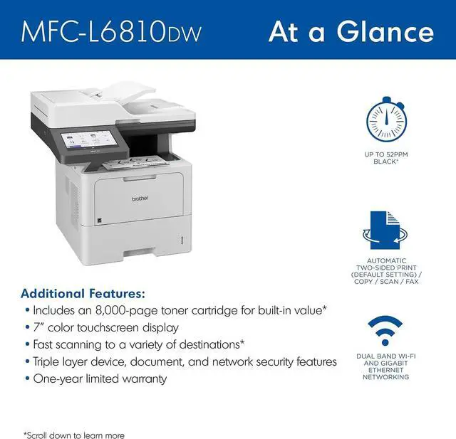 Alt view image 4 of 7 - Brother MFC-L6810DW Enterprise Monochrome Laser All-in-One Printer, Large Paper Capacity, Wireless Networking, Advanced Security Features, and Duplex Print, Scan, and Copy, Works with Alexa