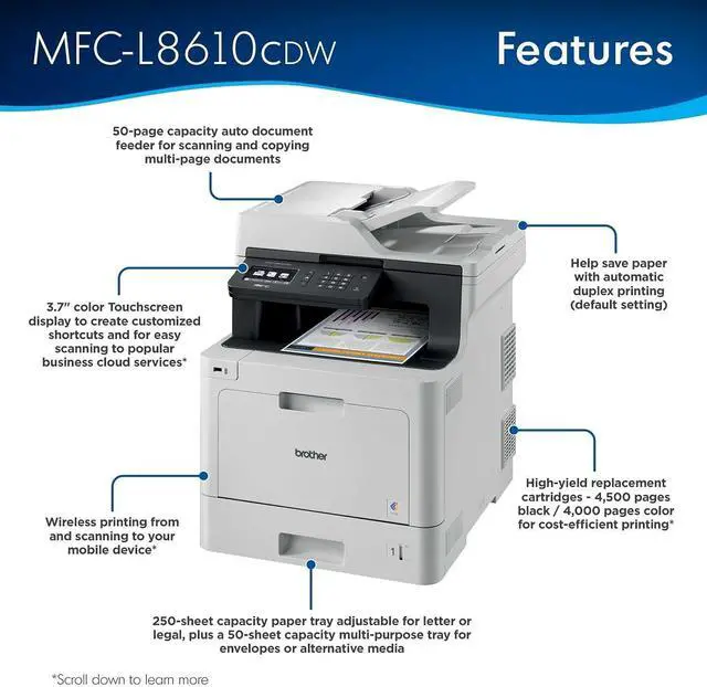 Alt view image 2 of 7 - Brother Color MFC-L8610CDW All-in-One Wireless Laser Printer, White - Print Copy Scan Fax - 3.7" Touchscreen, 33 ppm, 600 x 2400 dpi, Auto 2-Sided Printing, 50-Sheet ADF, Ethernet, Tillsiy