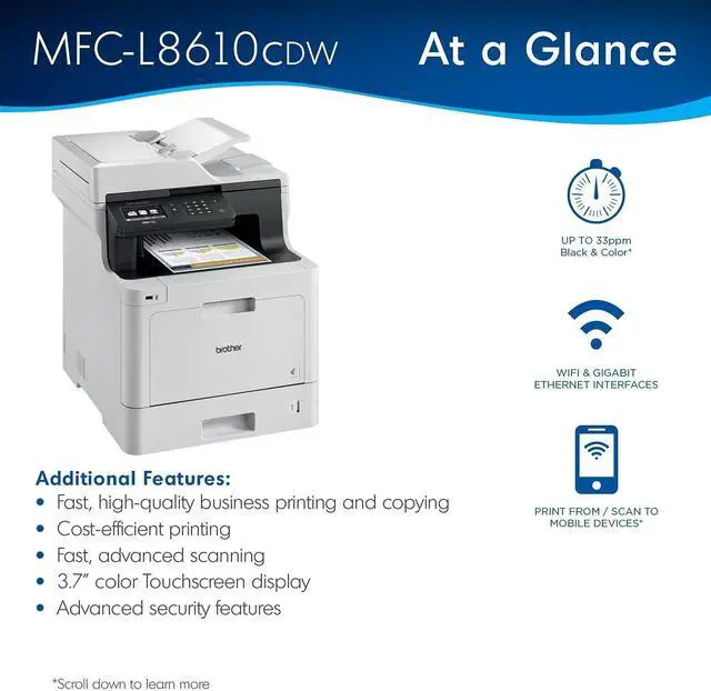 Alt view image 3 of 7 - Brother Color MFC-L8610CDW All-in-One Wireless Laser Printer, White - Print Copy Scan Fax - 3.7" Touchscreen, 33 ppm, 600 x 2400 dpi, Auto 2-Sided Printing, 50-Sheet ADF, Ethernet, Tillsiy