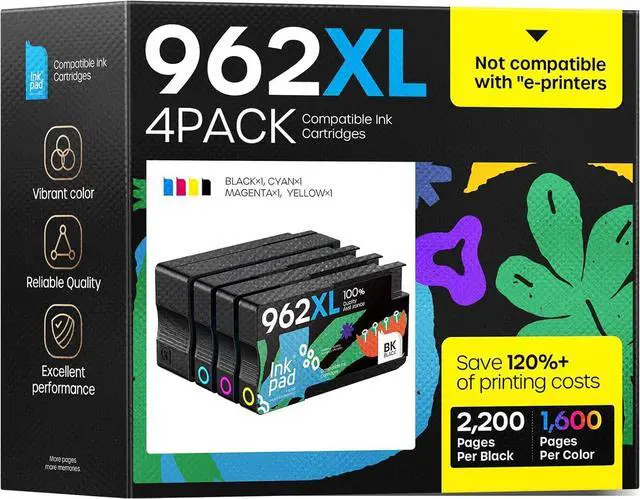 Main image of 962XL Ink Cartridges Combo Pack Compatible for HP Ink 962XL 962 Black and Color Combo Pack Replacement for HP Officejet Pro 9010 9015 9016 9018 9020 9025 Printers, No e Series Printer (4 Pack)