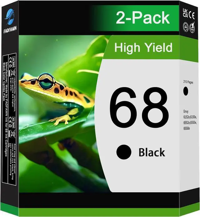 Main image of Ennovor 68 Black Ink Cartridge High Yield (2-Pack) - Replacement for HP 68 Ink Cartridge for Envy 6152e 6155e 6552e 6555e 6558e Printer