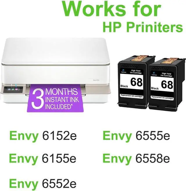 Alt view image 2 of 7 - Ennovor 68 Black Ink Cartridge High Yield (2-Pack) - Replacement for HP 68 Ink Cartridge for Envy 6152e 6155e 6552e 6555e 6558e Printer