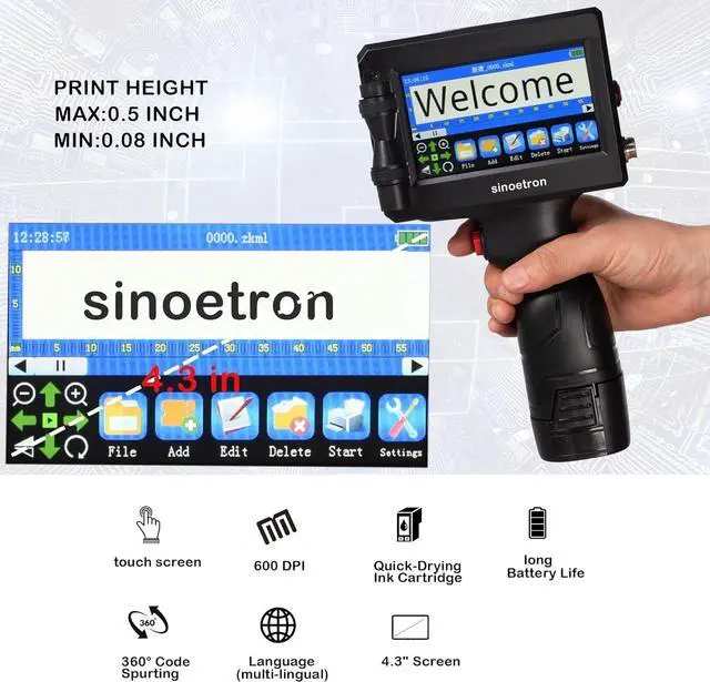 Alt view image 2 of 6 - Ennovor Handheld Inkjet Printer, 4.3" Portable Quick-Dry Inkjet Printer Gun, 0.5 Inch Nozzle for QR Codes, Barcodes, Dates & Logos on Any Surface.