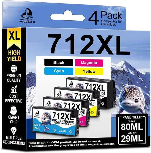 Main image of Ennovor 712XL Remanufactured Ink Cartridges (80-ML BK, 29-ML C/M/Y, 4 Pack) Replacement for HP 712 712XL for DesignJet T650 T630 T230 T210 Studio Plotter Printer